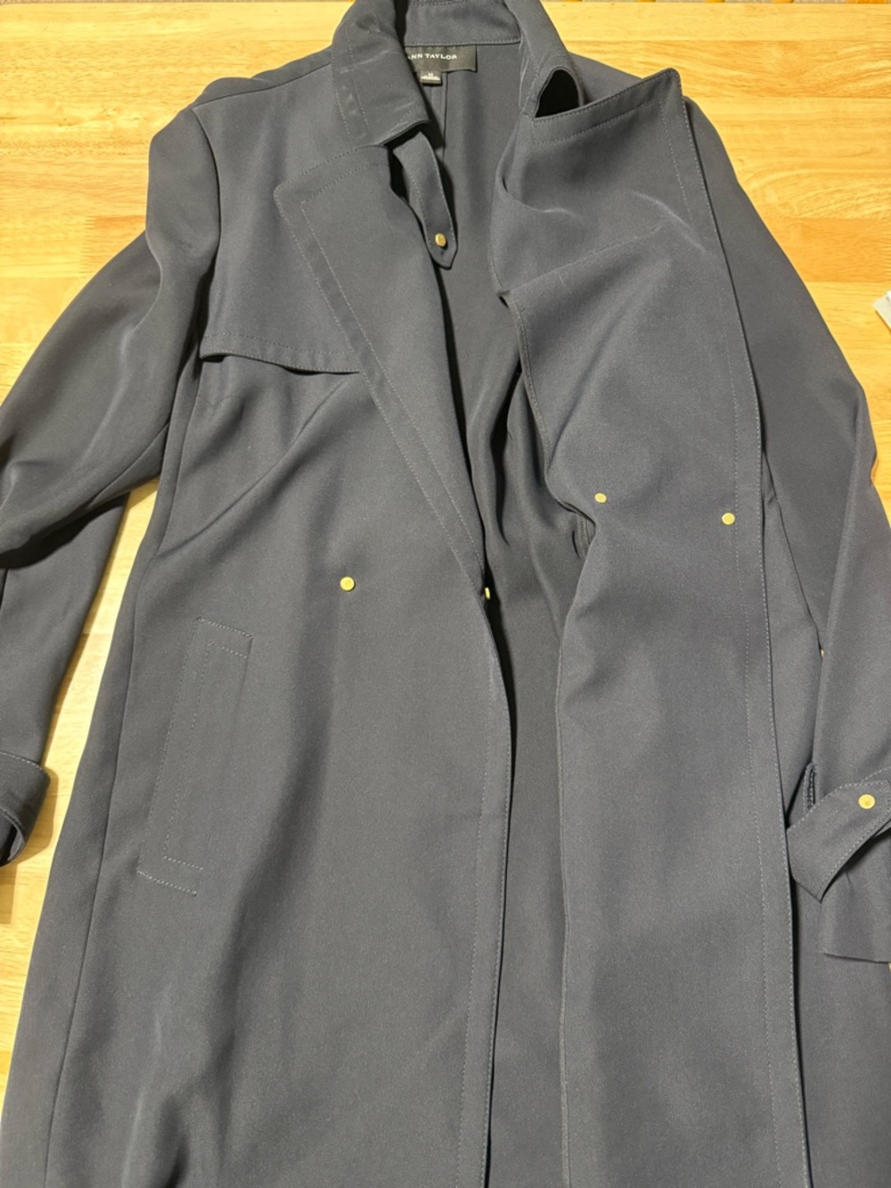 Ann Taylor Womens Black Trench Coat Medium Belted Gold Detail Jacket